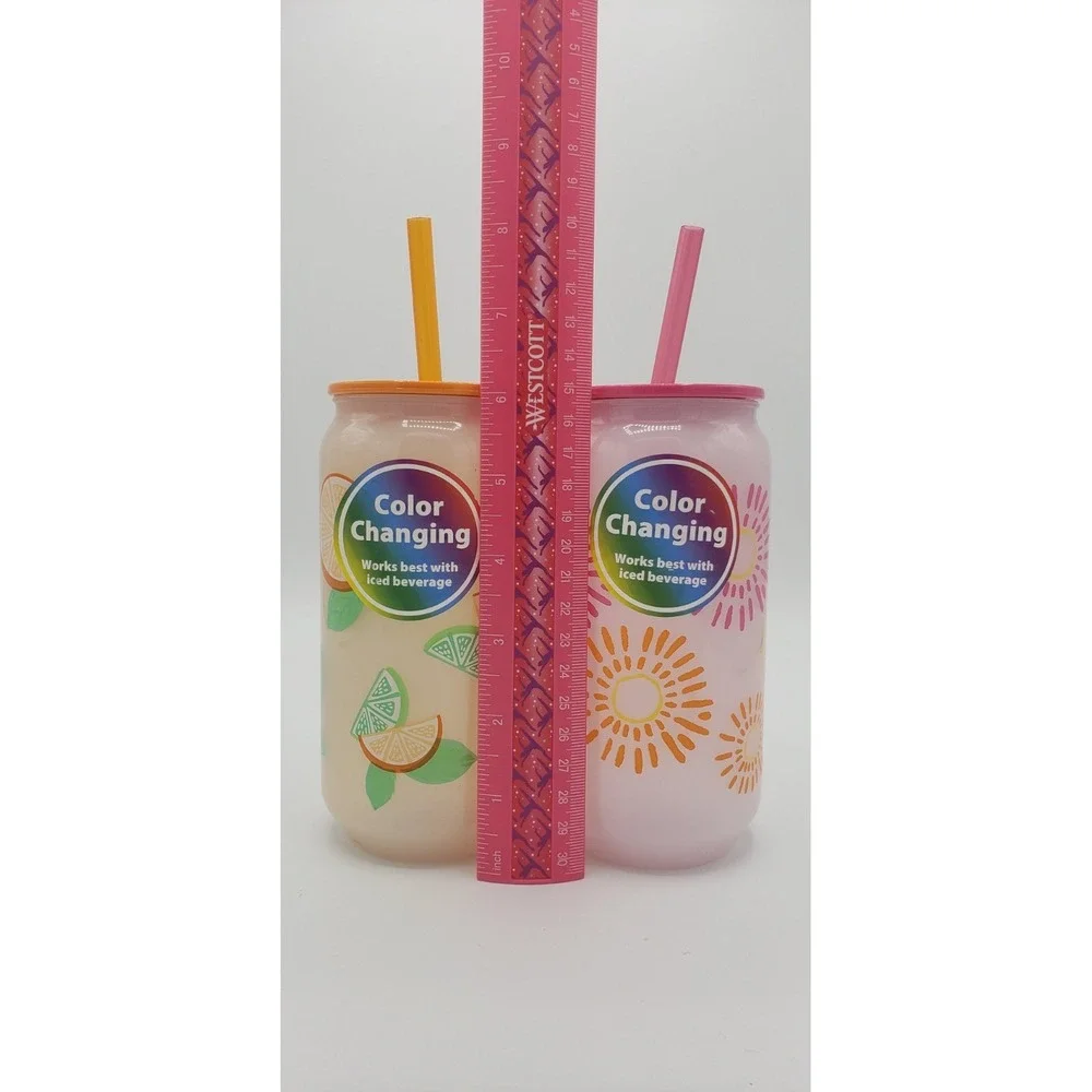 NEW Set Of 2 - 20oz Color Changing Tumbler Lid Straw Orange & Pink Summer Fruit